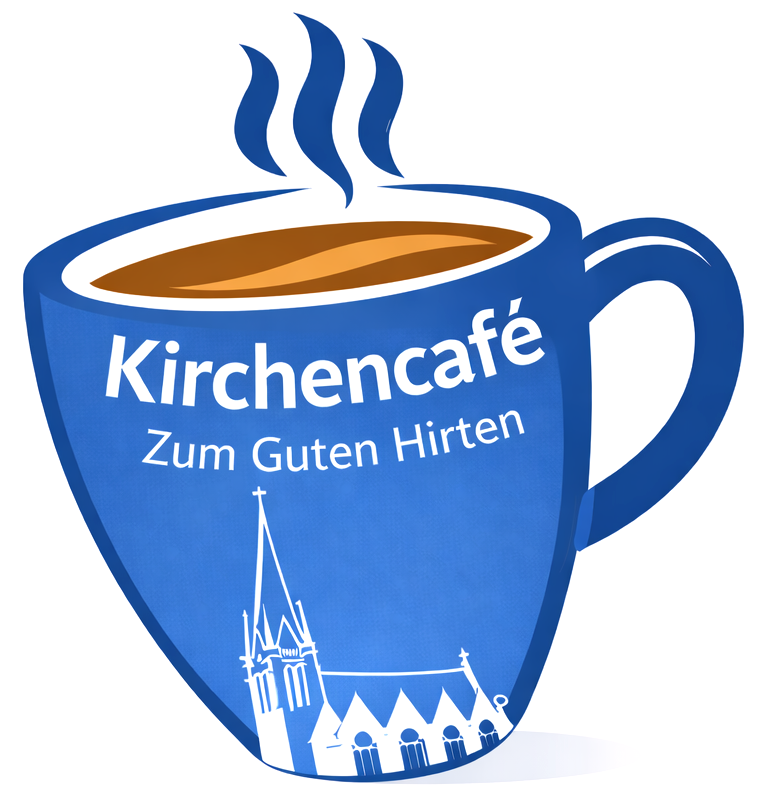 Eine blaue Tasse mit dem Schriftzug "Kirchencafé Zum Guten Hirten" und einer Shilouette der Kirche