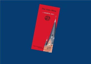 Rotes Büchlein mit Kirchturmspitze auf blauem Hintergrund.