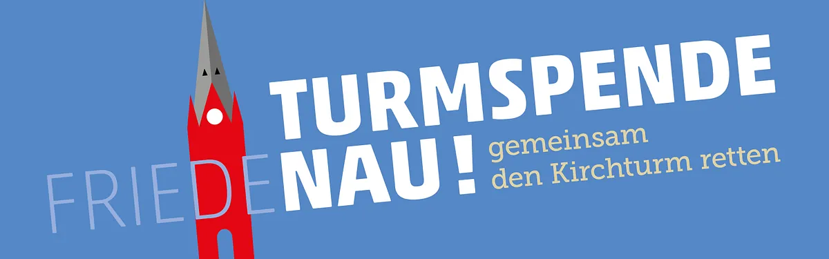 Eine Grafik, die den Turm der Kirche Zum Guten Hirte stilisiert zeigt und zu spenden aufruft