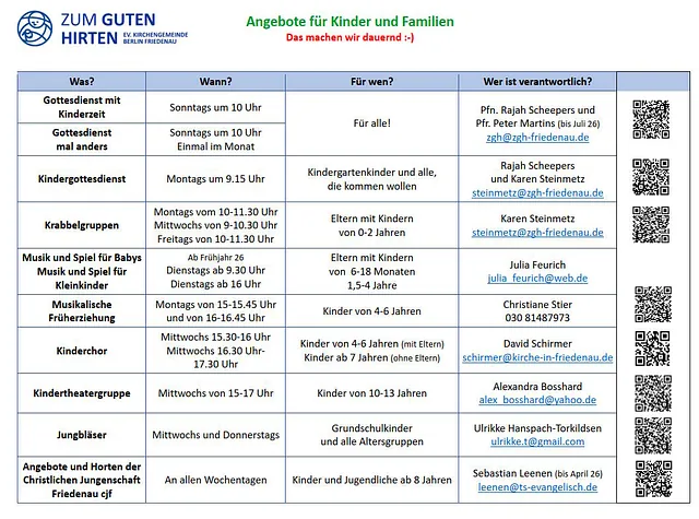 Tabelle mit Kinder- und Familienaktivitäten, Zeitplan und Kontakten.