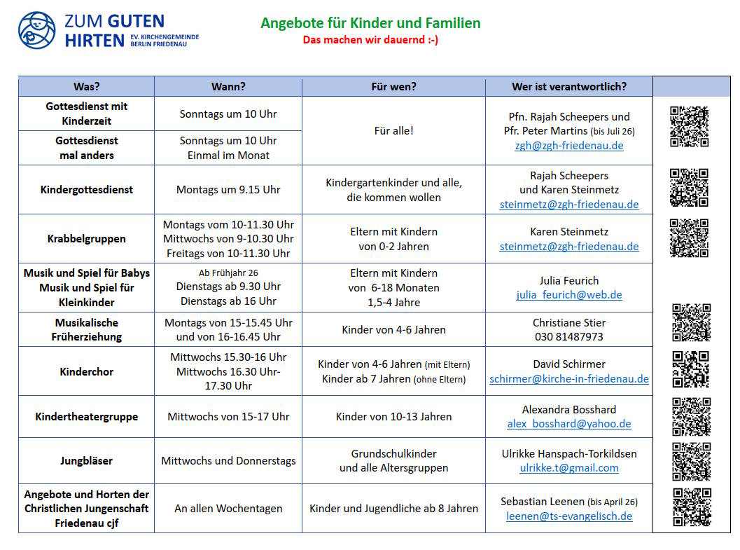Tabelle mit Kinder- und Familienaktivitäten, Zeitplan und Kontakten.